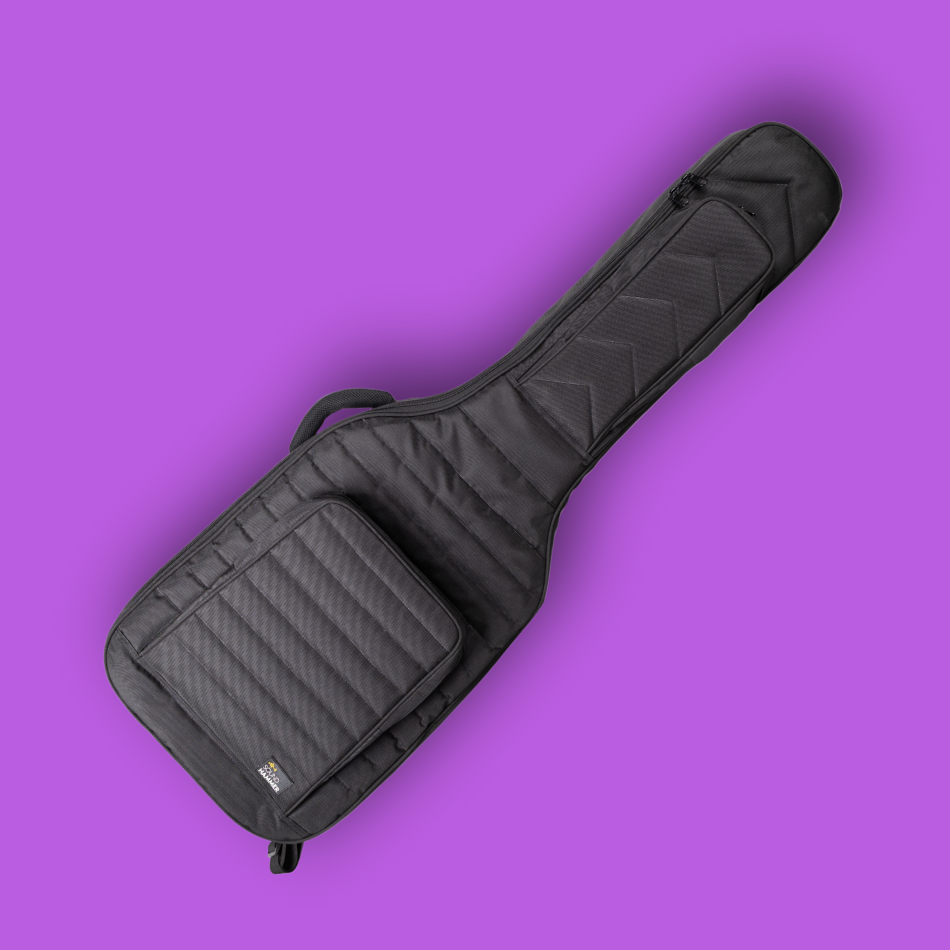 Black guitar case on a purple background