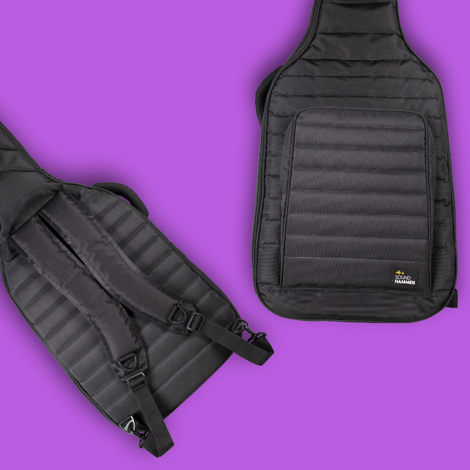 Black backpack with a shoulder strap on a purple background
