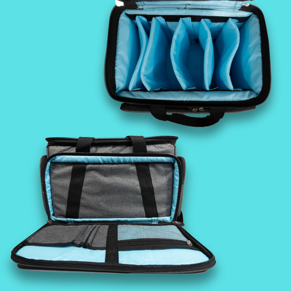 Two views of top open cable bag small with various compartments, pouches and partitions for cable management.