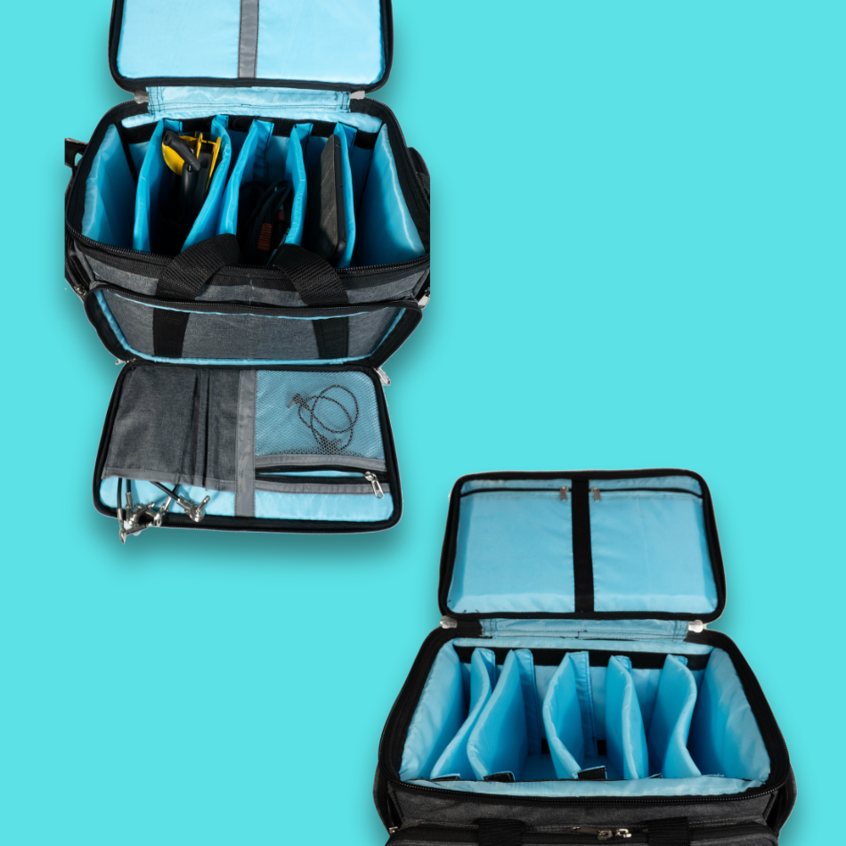 Two views of open cable bag small with various compartments, pouches and partitions for cable management.
