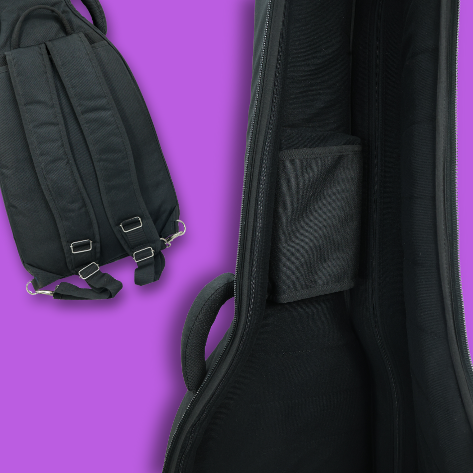 Two view of bass guitar case with close up open and back shoulder straps bass guitar case with soft cushion padding inside and carry handle.