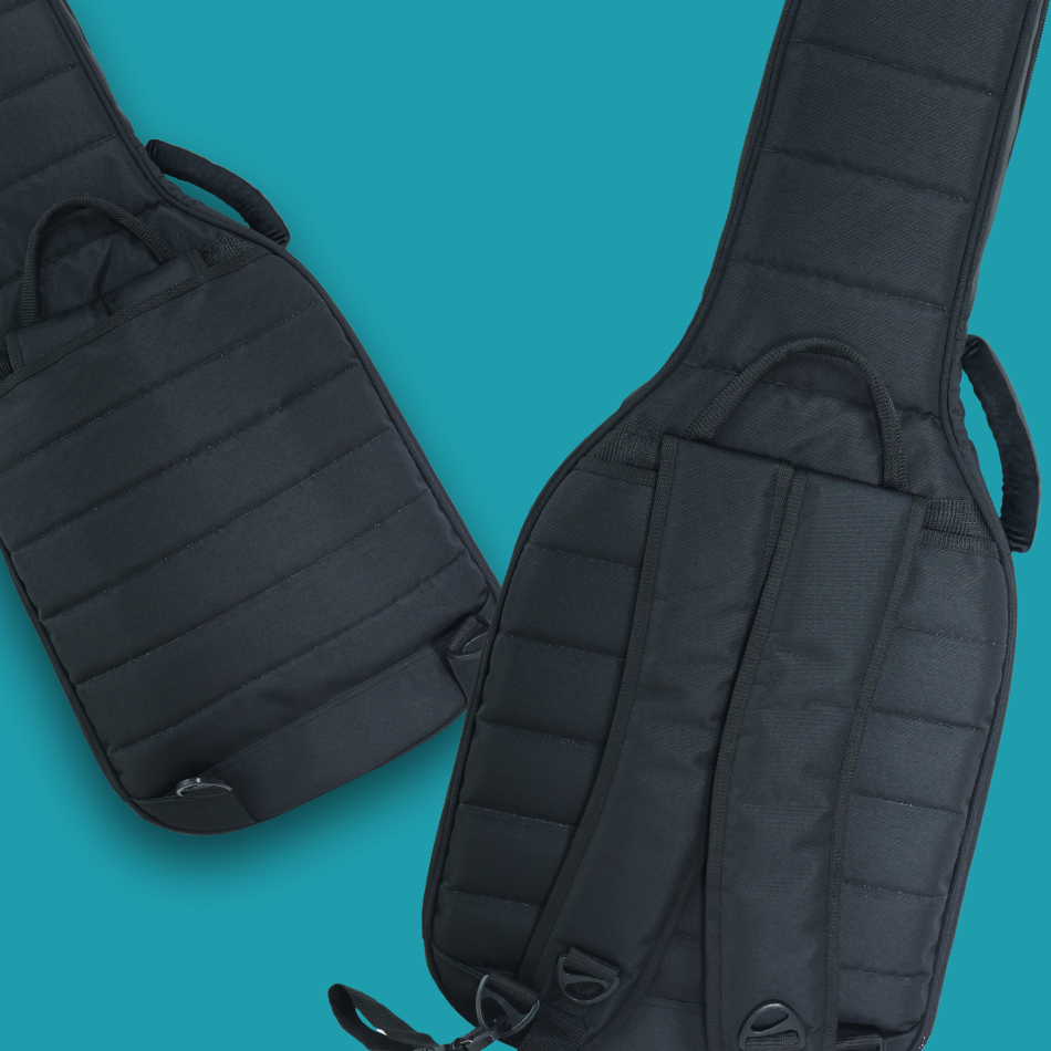 Two views of back side of electric guitar case with shoulder straps and tucked away pouch.