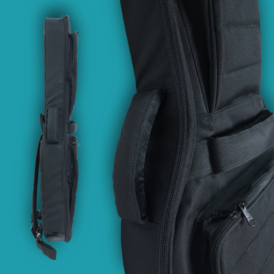 Black guitar case with strap on a teal background