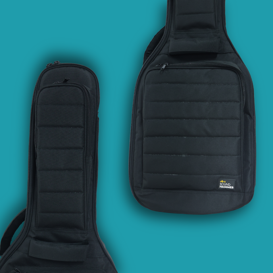 Black guitar case on a teal background