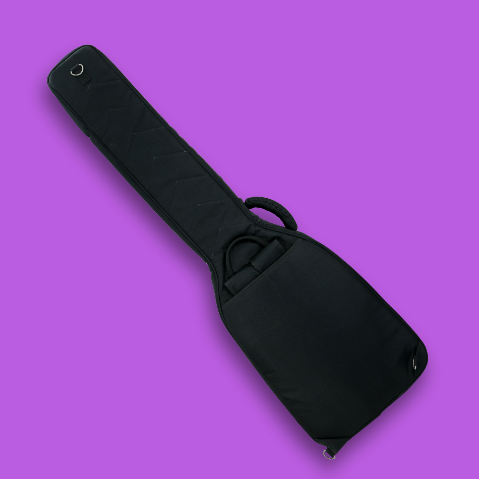A tilted back view of black guitar case for bass guitar with shoulder straps tucked in pouch & carry handle