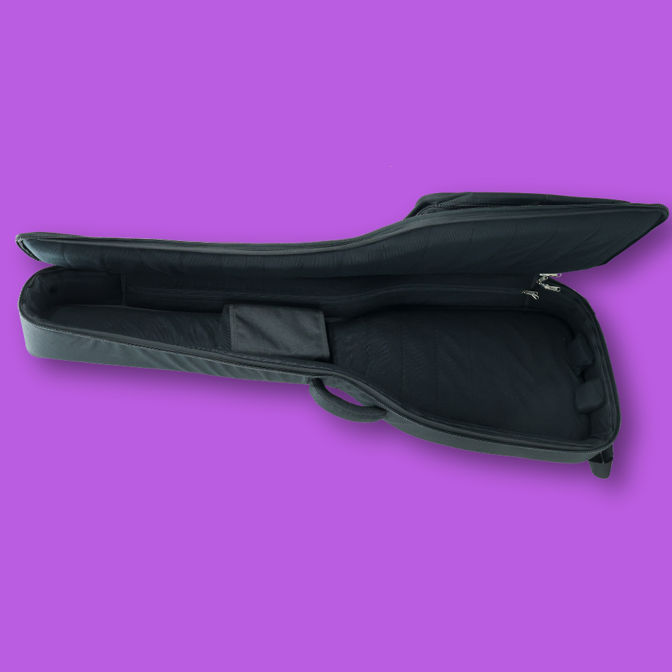 An open top view of bass guitar case with a soft padding inside & neck holder strap.