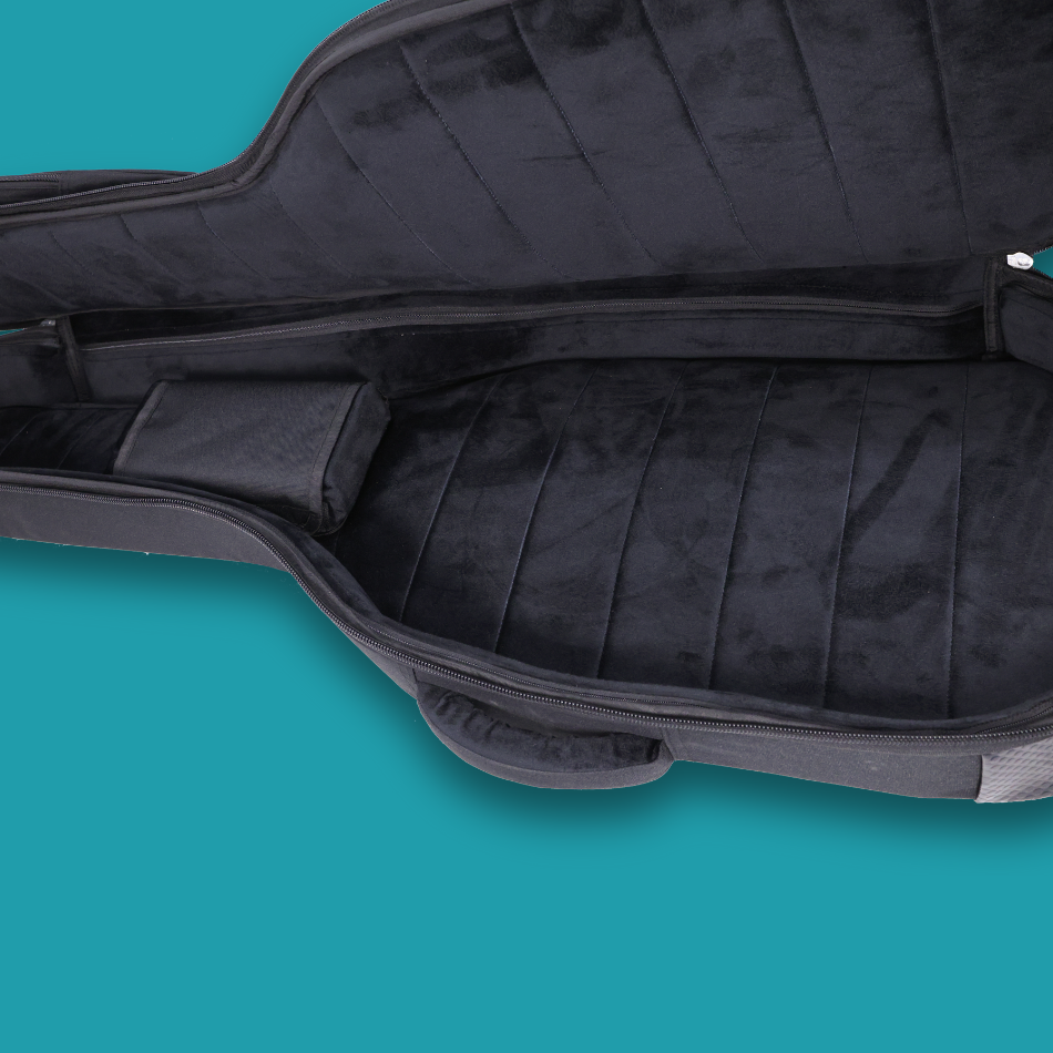 An open top view of electric guitar case with a soft padding inside.
