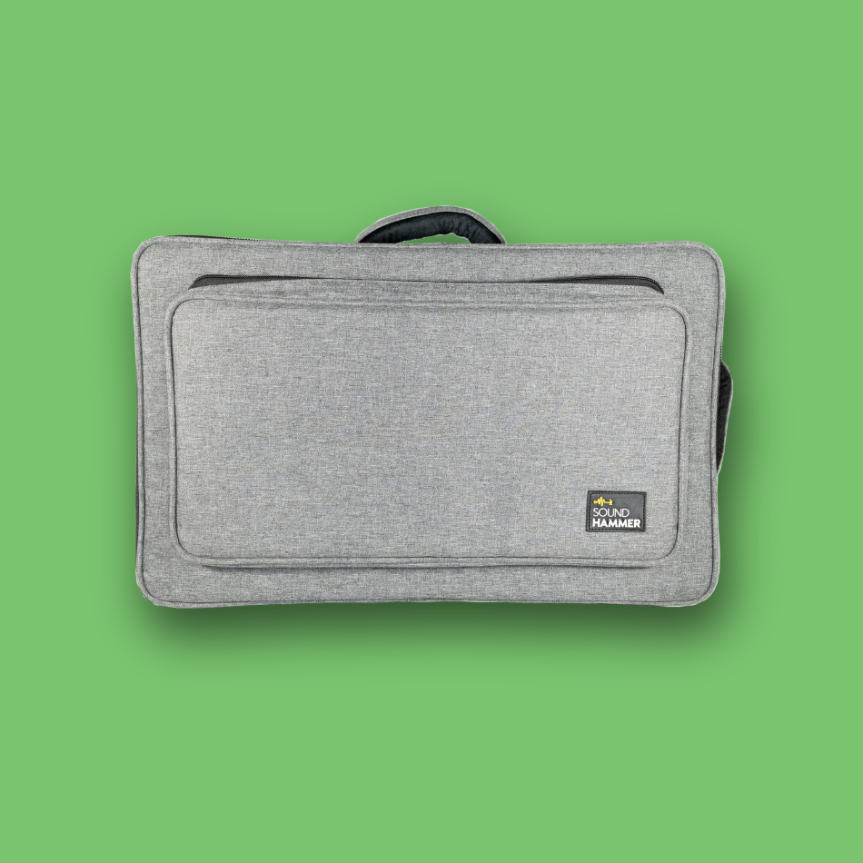 Gray pedalboard gig bag for 16x11 with a brand logo on a green background