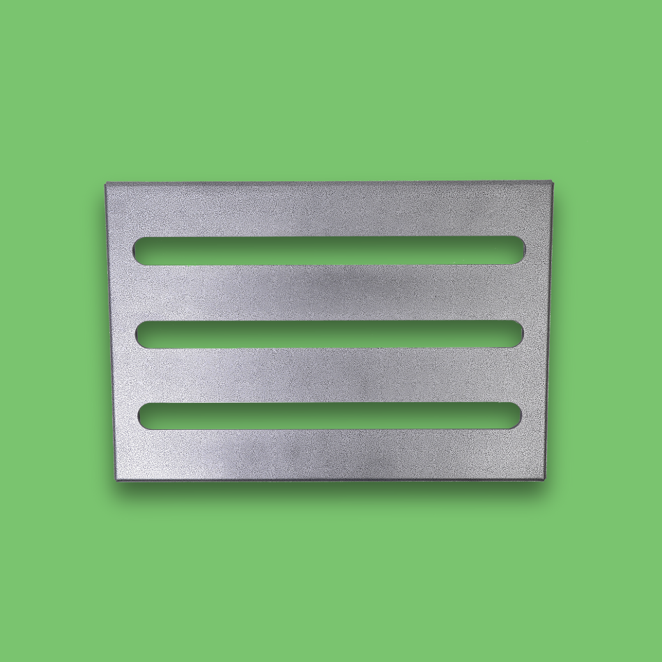 A top view of an incline grey guitar effects pedalboard made of single sheet of aluminium with 2 legs and rubber bushings.