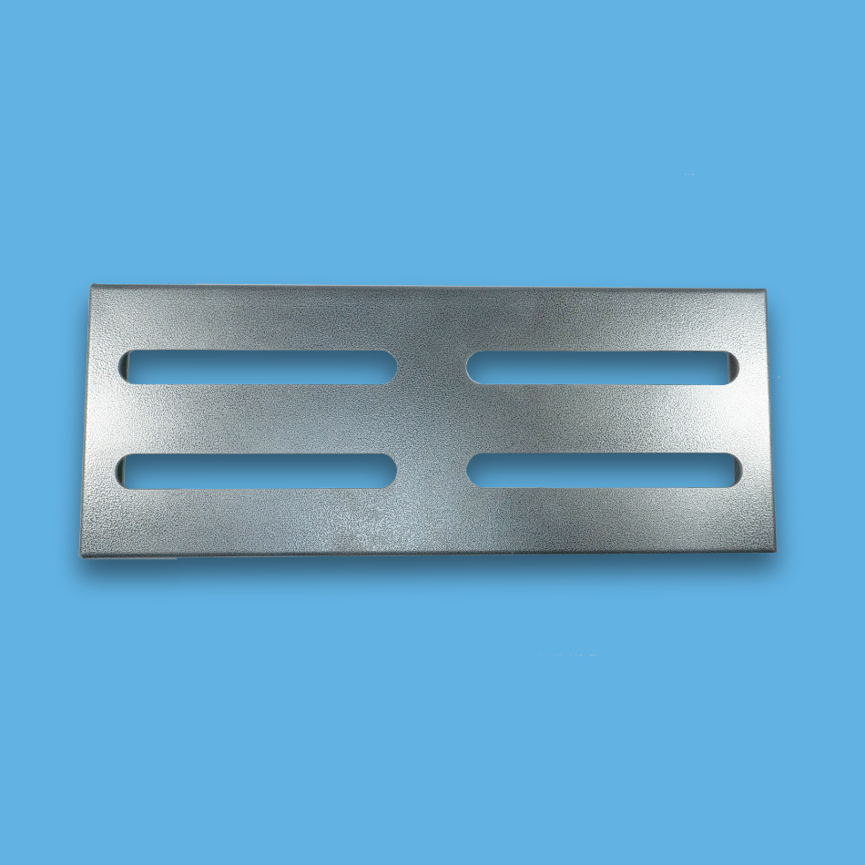 A top view of a long incline grey guitar effects pedalboard made of single sheet of aluminium with 2 legs and rubber bushings.