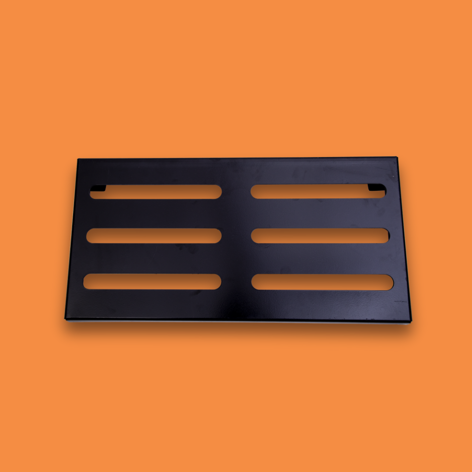 A top view of a medium incline black guitar effects pedalboard made of single sheet of aluminium with 2 legs and rubber bushings.