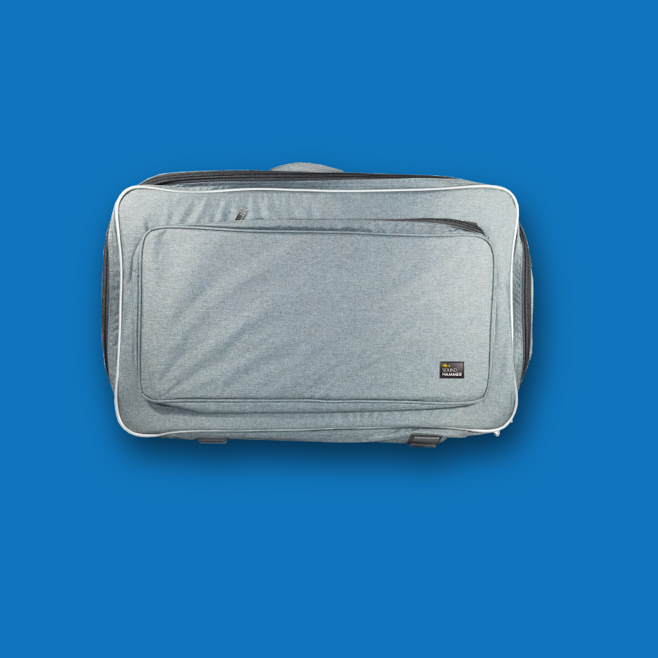 Gray large pedalboard gig bag on a blue background