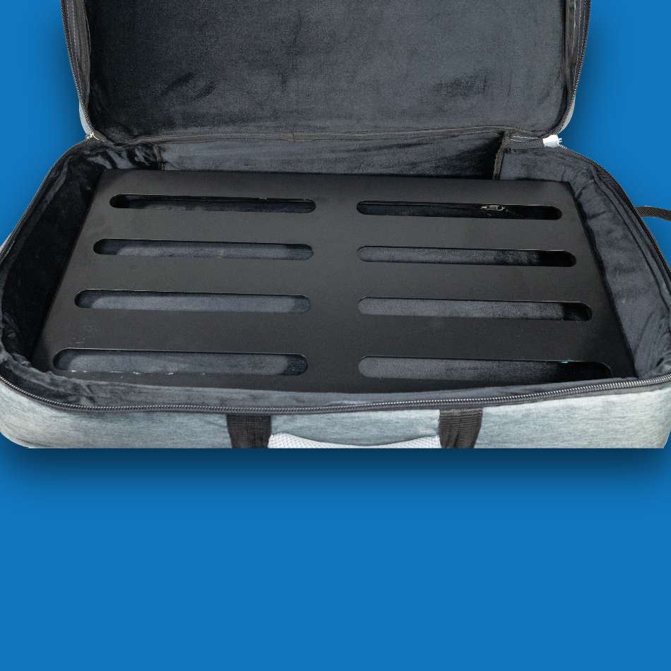 Open large pedalboard gig bag with a black large pedalboard inside on a blue background