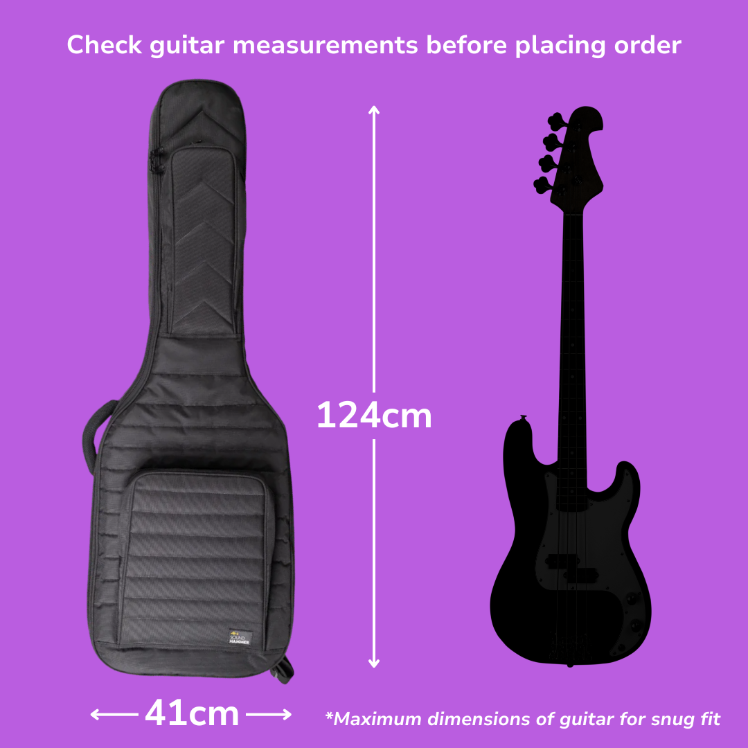 Guitar case and guitar illustration with dimensions on a purple background
