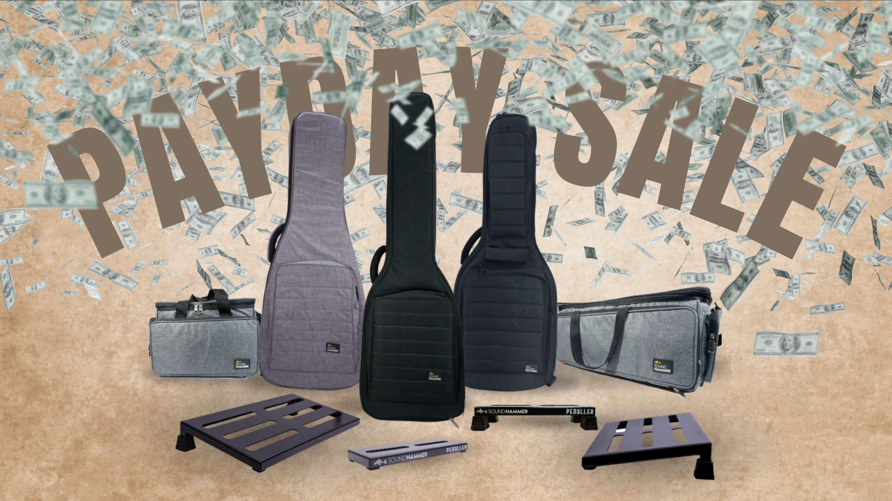 Guitar cases and accessories on a textured surface with 'Payday Sale' text.