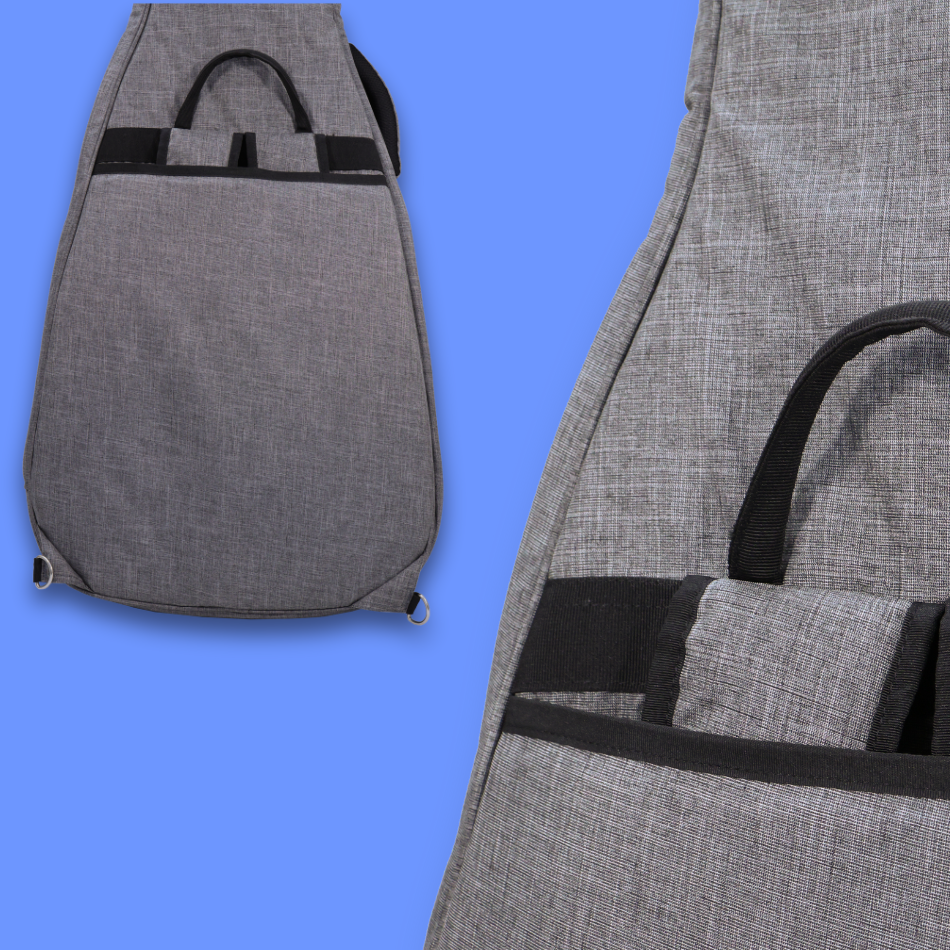 Two close-up back view of grey acoustic guitar bag with tucked away shoulder straps.