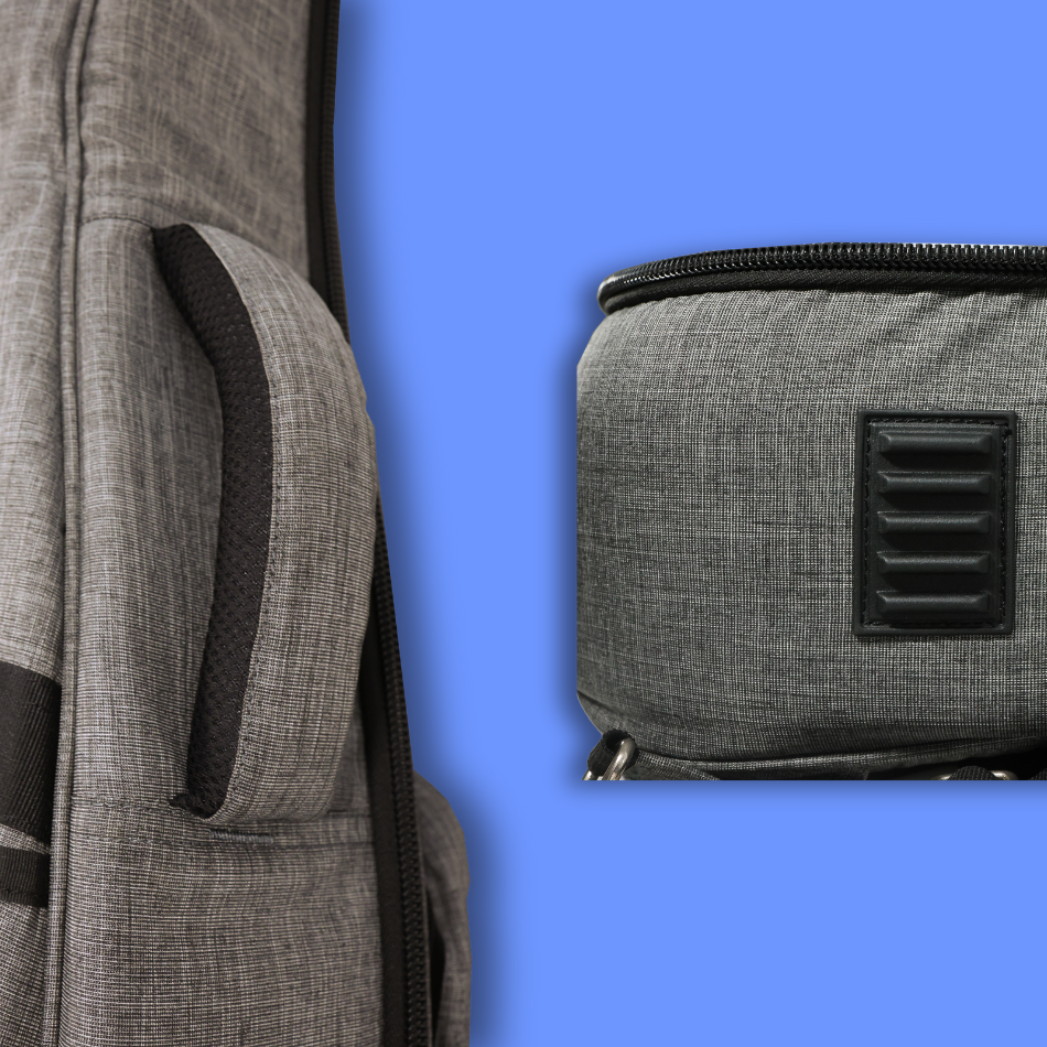 Two close-up side view of grey acoustic guitar bag handle & bottom view with rubber pad.