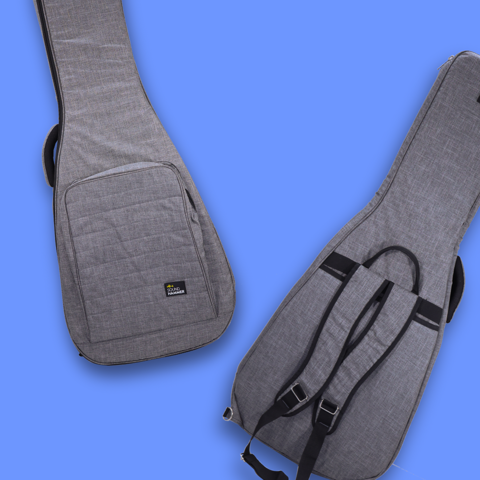 Two views of front & back of grey acoustic guitar bag with shoulder straps and carry handle.