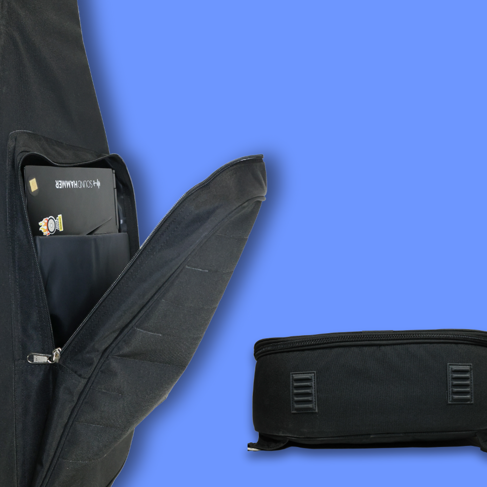 Multiple views of acoustic guitar bag with open front pouch and bottom rubber pads.