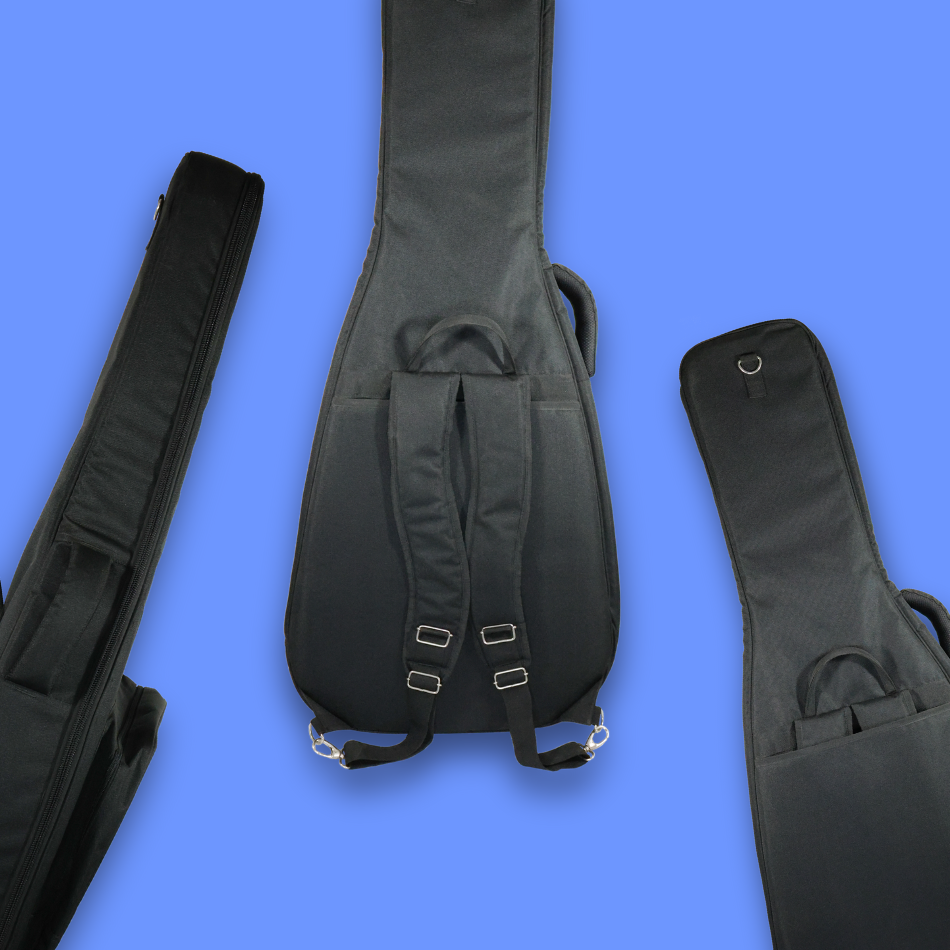 Multiple views of acoustic guitar bag showing side view & back view with shoulder straps.
