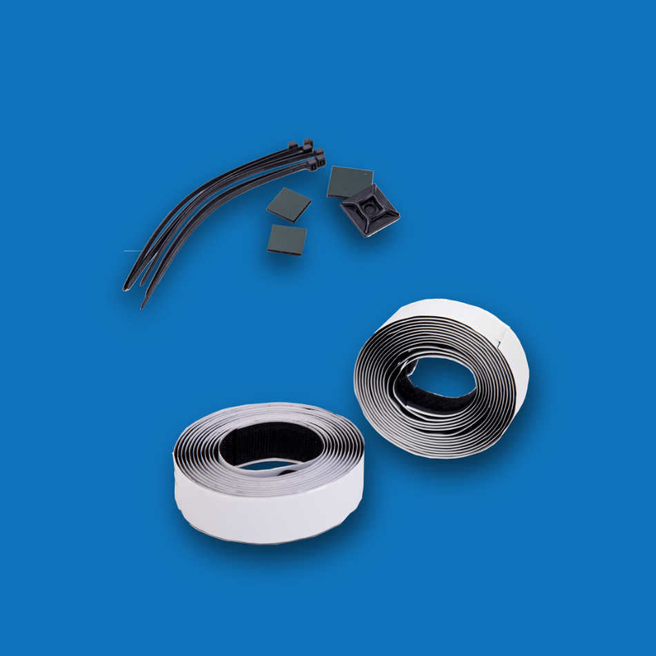 Cable ties, clips & velcro straps on a dark blue background