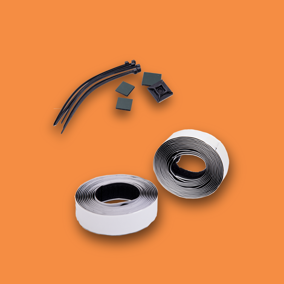 Cable ties and clips on a dark orange background