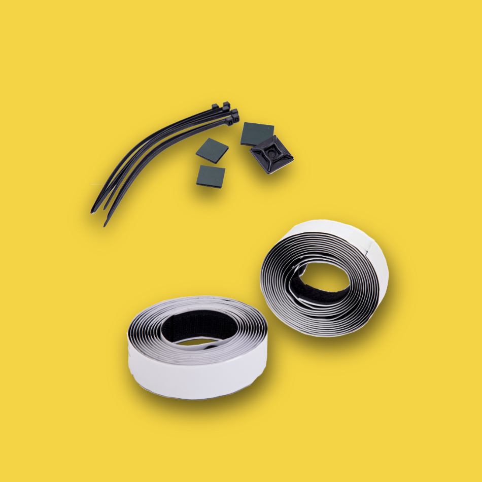 Cable ties and clips on a yellow background